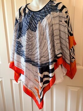 Zebra & Feather Print Poncho in Black, White & Orange, by Shop Malaysia